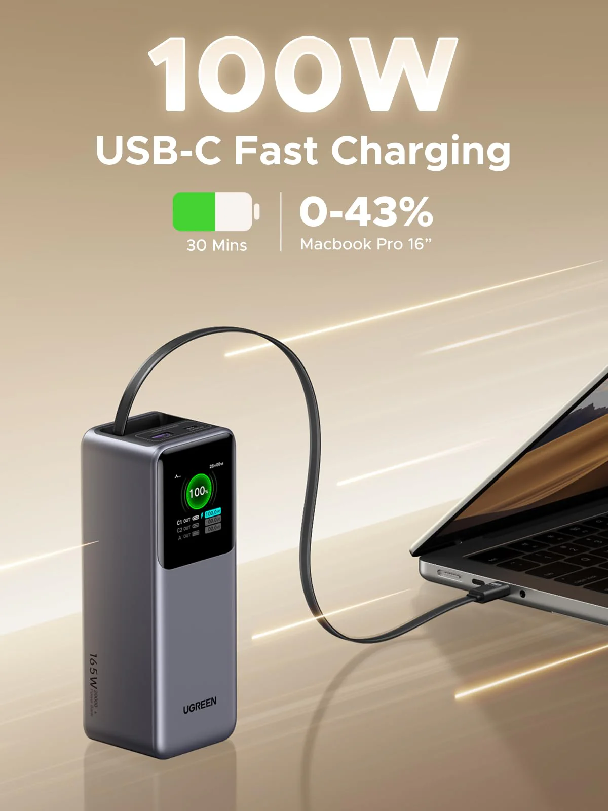 (Bundle) UGREEN Nexode 20000mAh 165W Power Bank + 2-Pack 100W USB-C Cables - Image 4