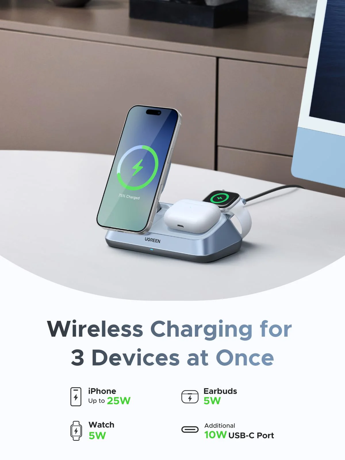 UGREEN MagFlow 3-in-1 Magnetic Wireless Charger (Qi2 25W, MagSafe-Compatible) - Image 3