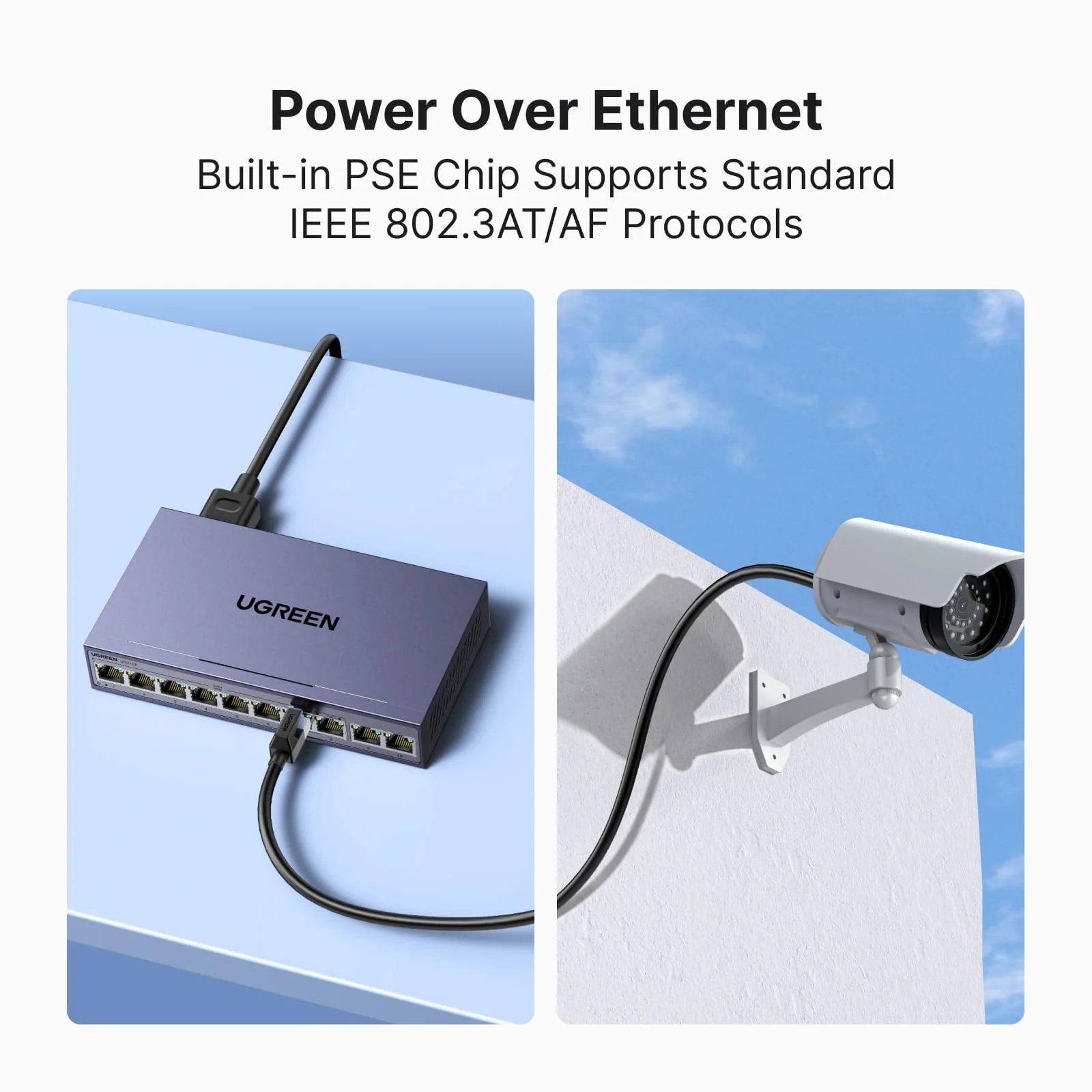 UGREEN Ethernet Switch, 10-Port PoE Switch, 8 PoE+@60W and 2 Gigabit Uplink, Plug & Play, Auto/VLAN/Extend Mode, Sturdy Metal, Desktop or Wall Mount Network Splitter Hub for Security Camera, IP Phone - Image 4