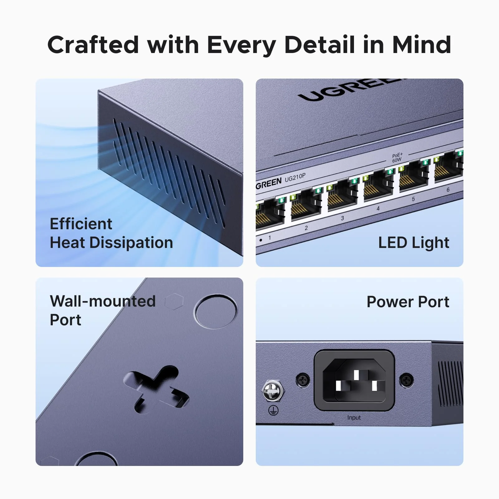 UGREEN Ethernet Switch, 10-Port PoE Switch, 8 PoE+@60W and 2 Gigabit Uplink, Plug & Play, Auto/VLAN/Extend Mode, Sturdy Metal, Desktop or Wall Mount Network Splitter Hub for Security Camera, IP Phone - Image 7