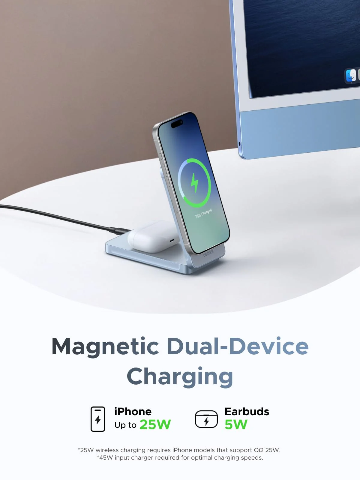UGREEN MagFlow 2-in-1 Magnetic Wireless Charger 25W (MagSafe compatible) - Image 3