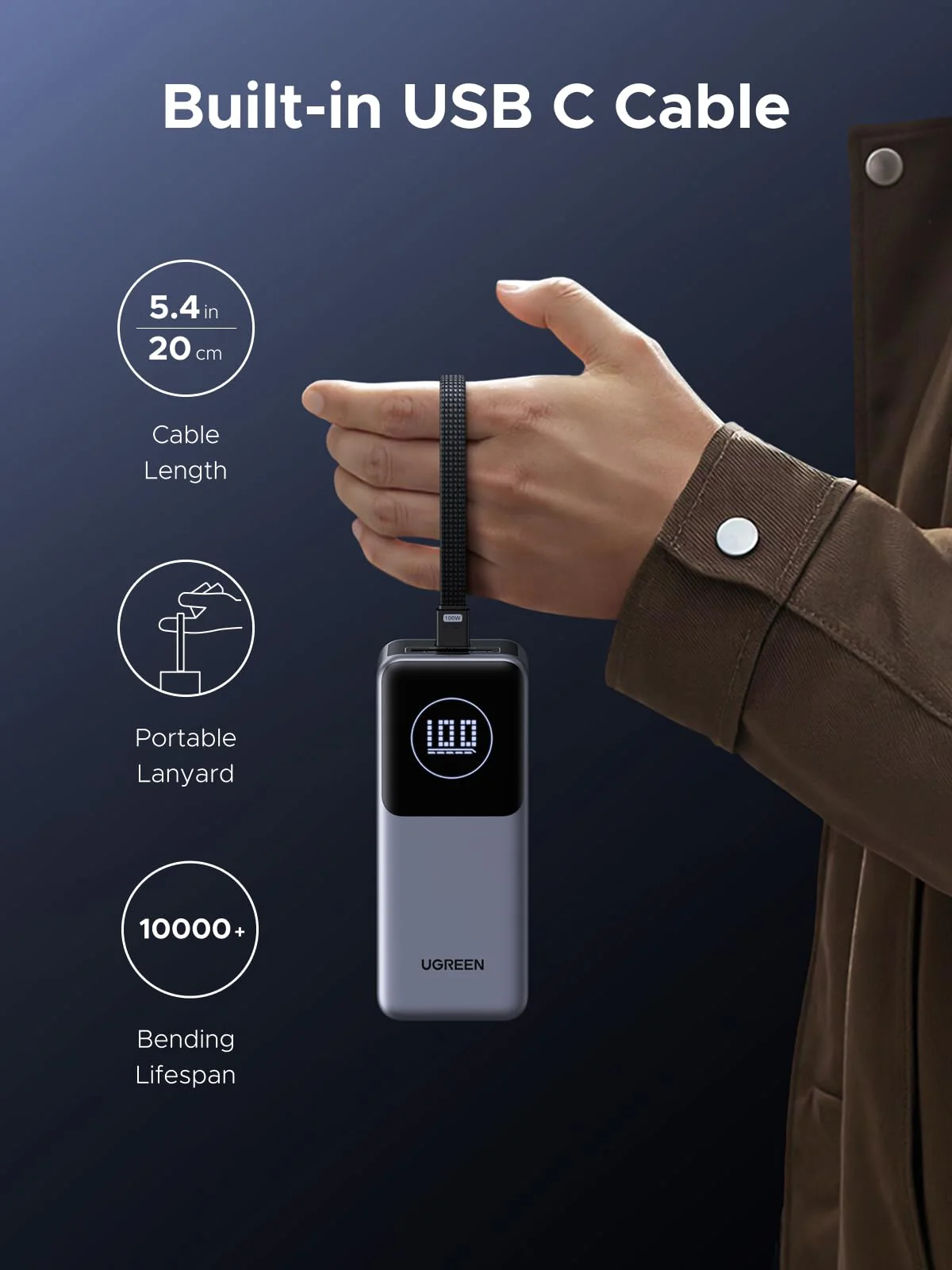 UGREEN Nexode Power Bank 20000mAh 130W with Built-in USB-C Cable - Image 2