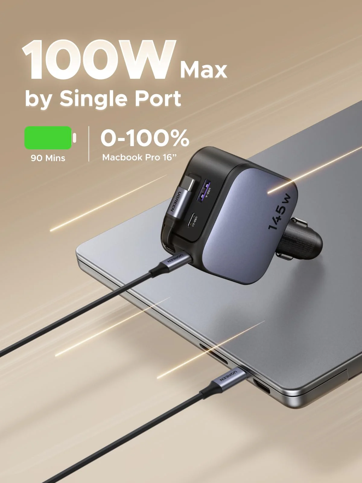 UGREEN Nexode Car Charger 145W with Retractable USB-C Cable - Image 3