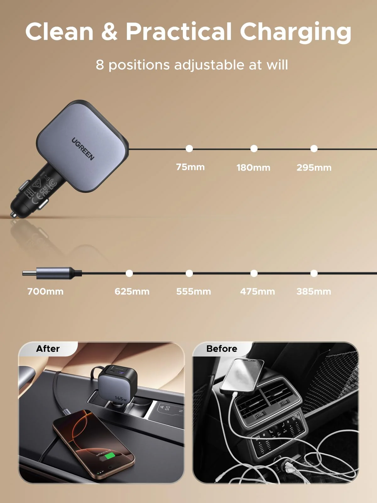 UGREEN Nexode Car Charger 145W with Retractable USB-C Cable - Image 5