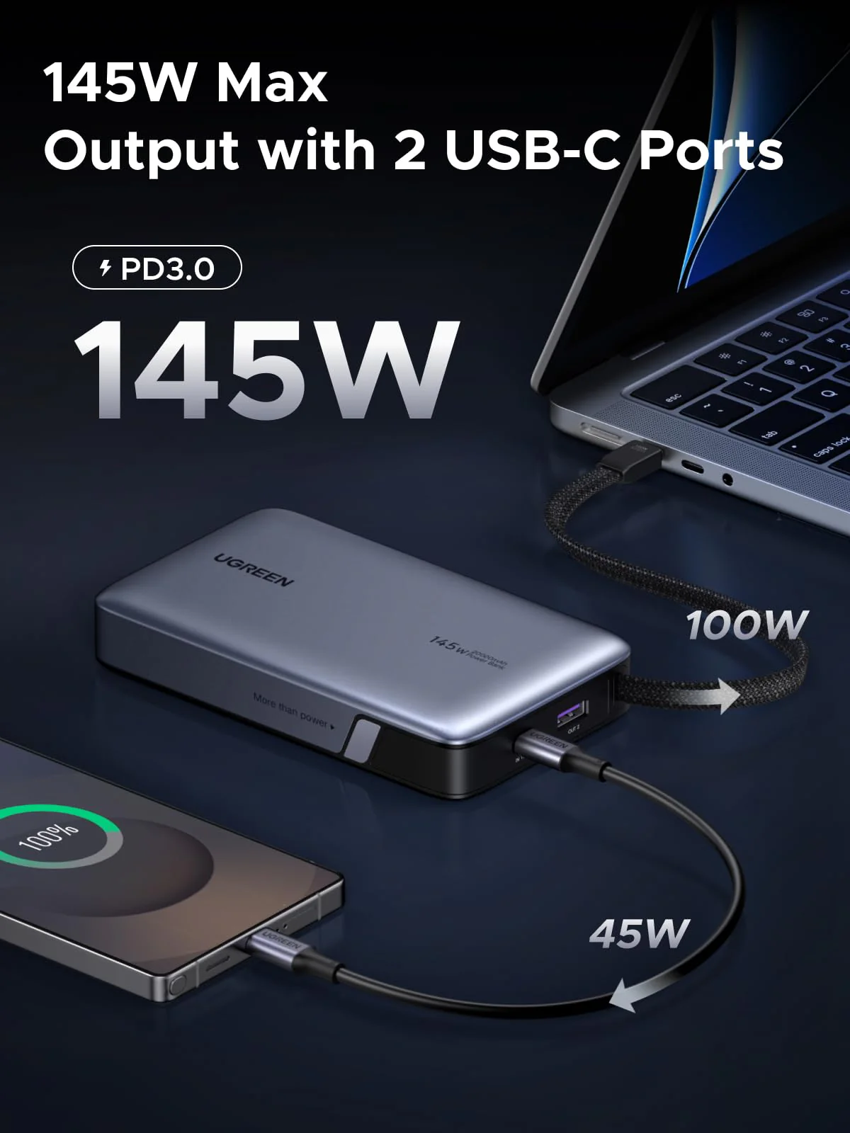 UGREEN Nexode Power Bank 20000mAh 145W with Built-in USB-C Cable - Image 2