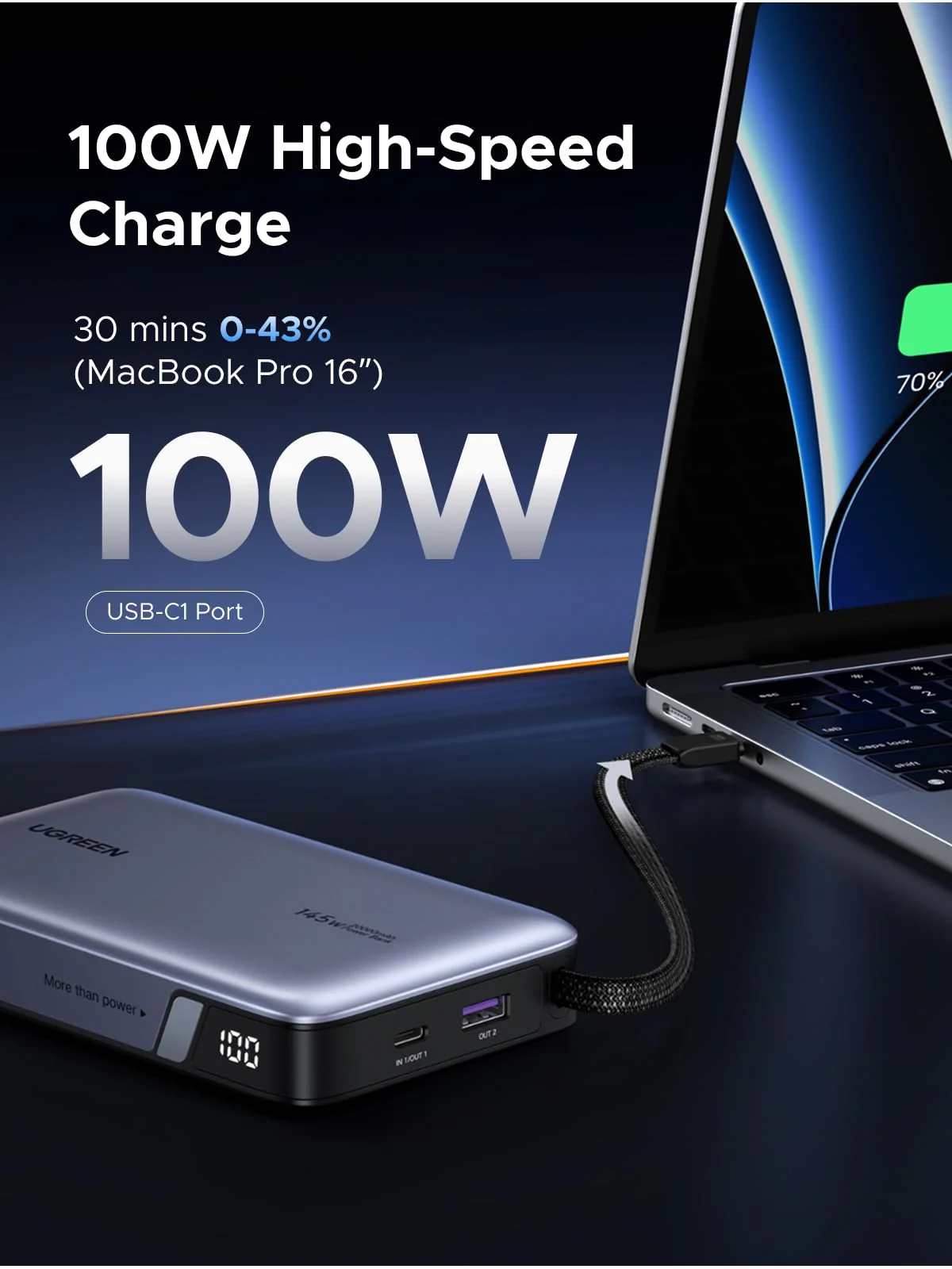 UGREEN Nexode Power Bank 20000mAh 145W with Built-in USB-C Cable - Image 3