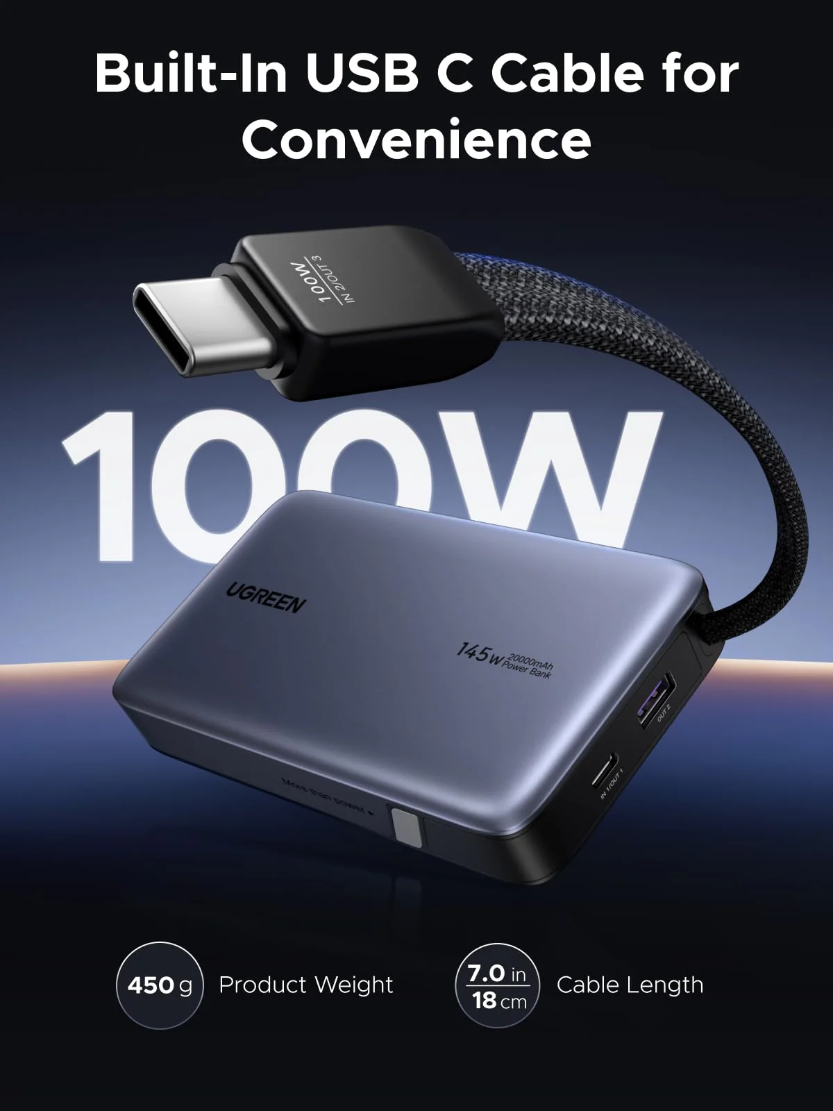 UGREEN Nexode Power Bank 20000mAh 145W with Built-in USB-C Cable - Image 8