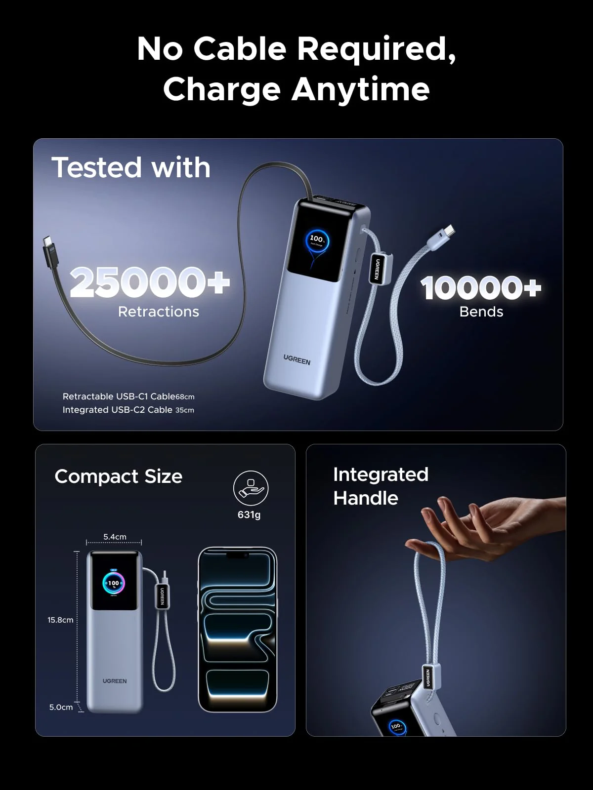 UGREEN 200W Power Bank 25000mAh Fast Charging Built-in Cable - Image 10