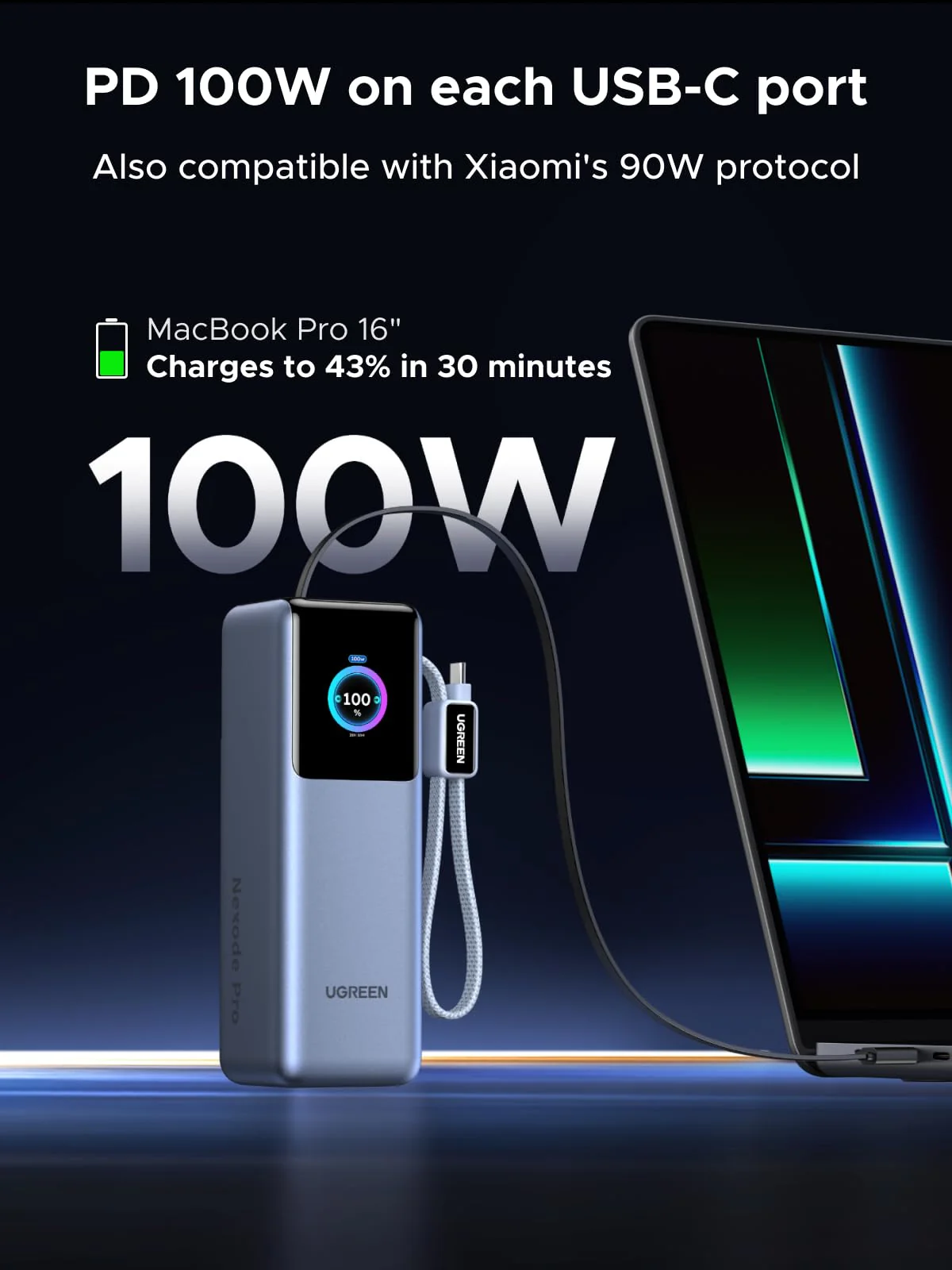 UGREEN 200W Power Bank 25000mAh Fast Charging Built-in Cable - Image 3