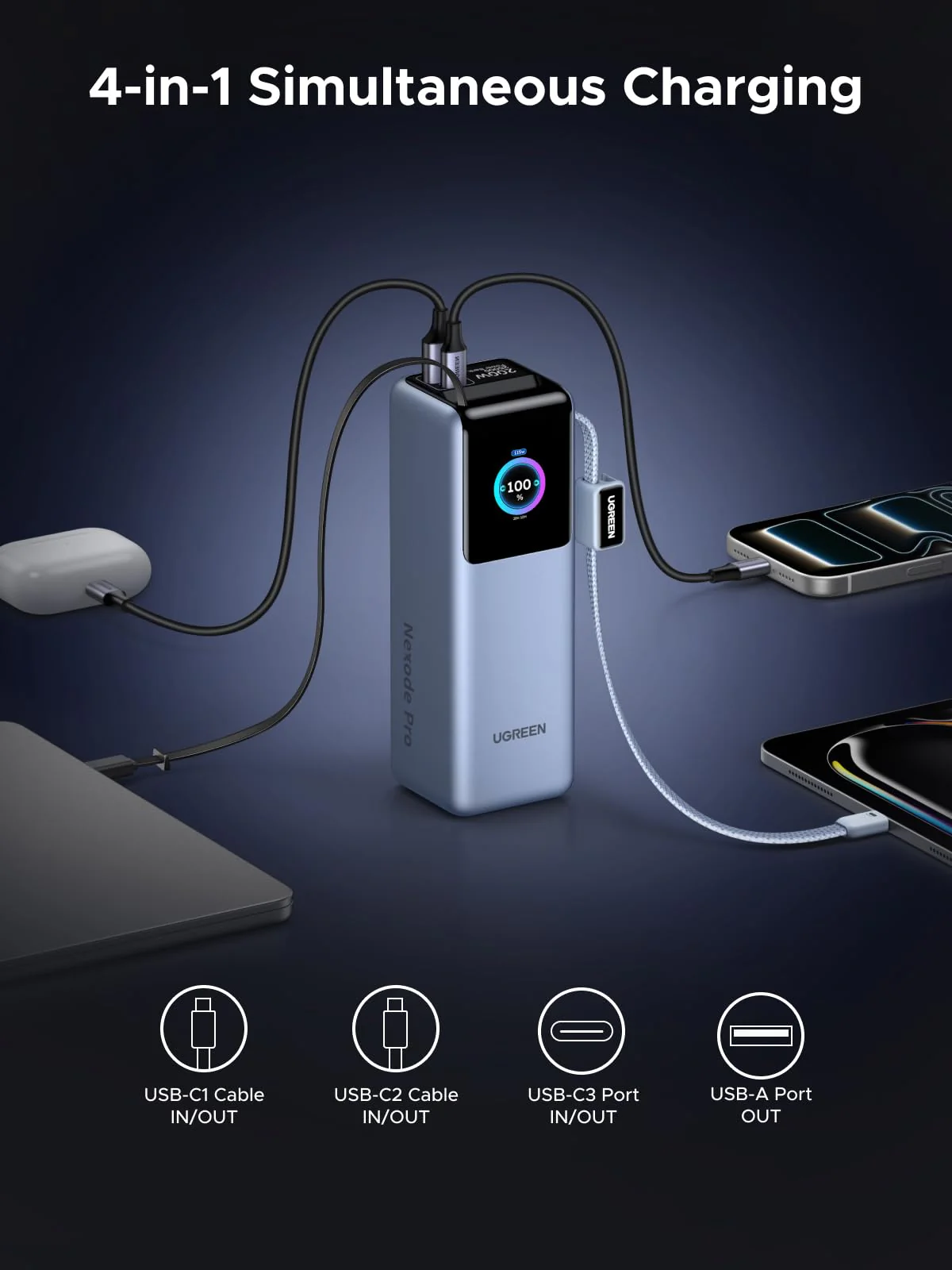UGREEN 200W Power Bank 25000mAh Fast Charging Built-in Cable - Image 6