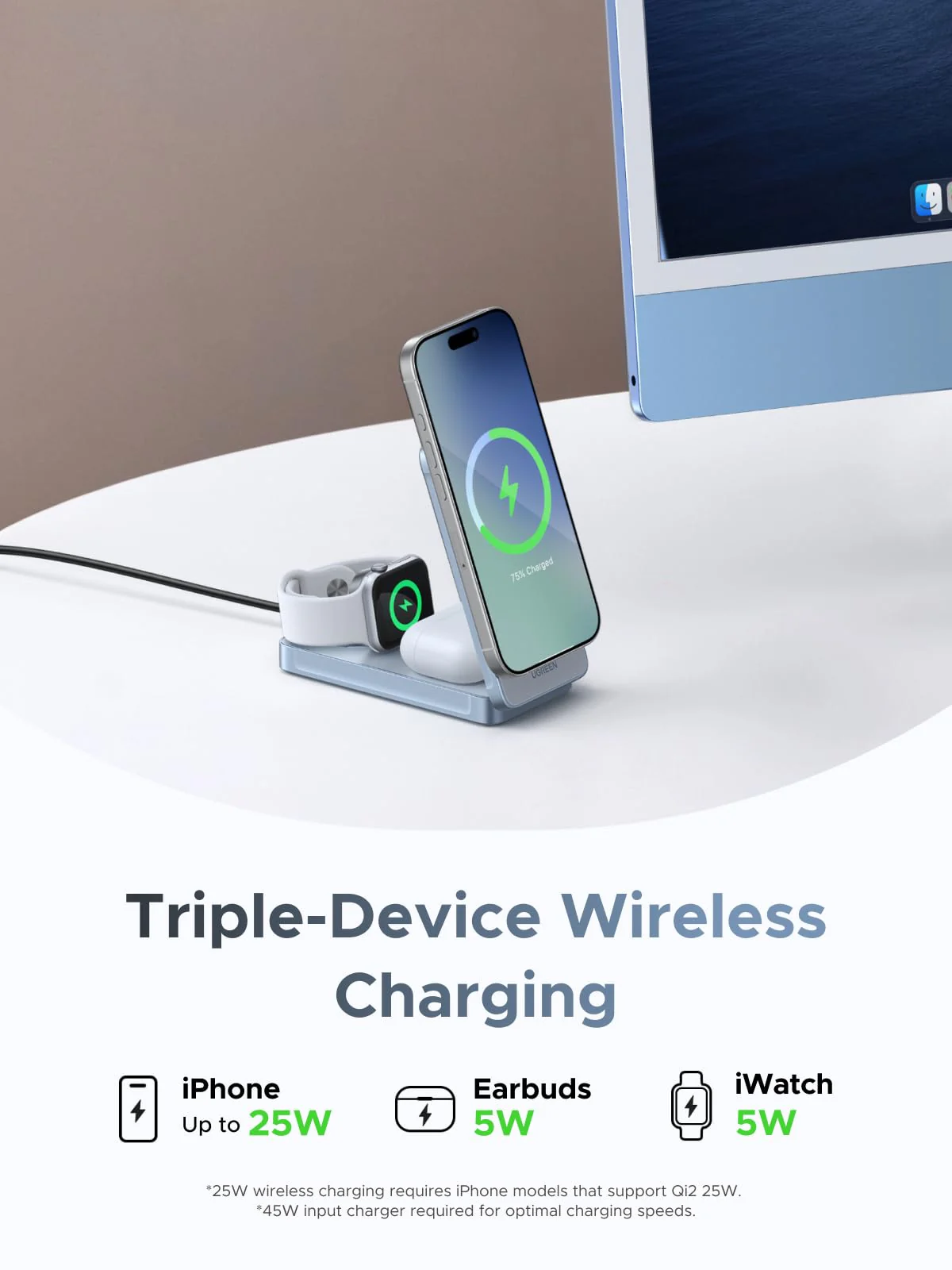 UGREEN MagFlow 3-in-1 Magnetic Wireless Charger (Qi2 25W, MagSafe-Compatible) - Image 3