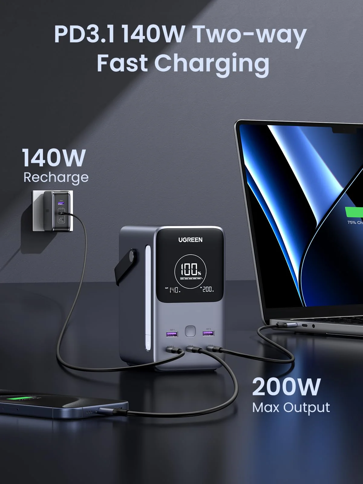 UGREEN Portable Power Station 48000mAh 300W with Smart Digital Display - Image 5