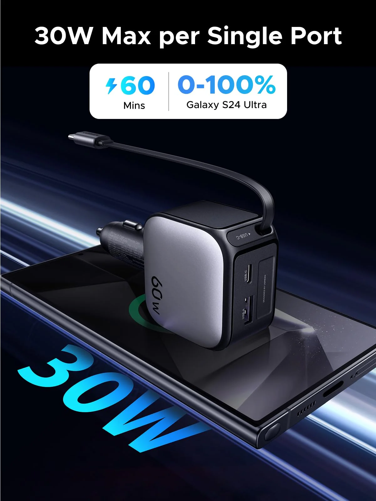 UGREEN Nexode Car Charger 60W with Retractable USB-C Cable - Image 3