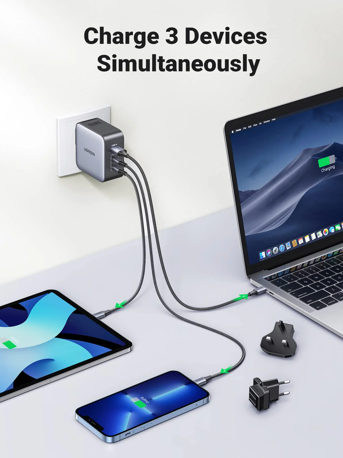 UGREEN Nexode 65W 3-Port Travel Charger with US/UK/EU Plug - Image 3