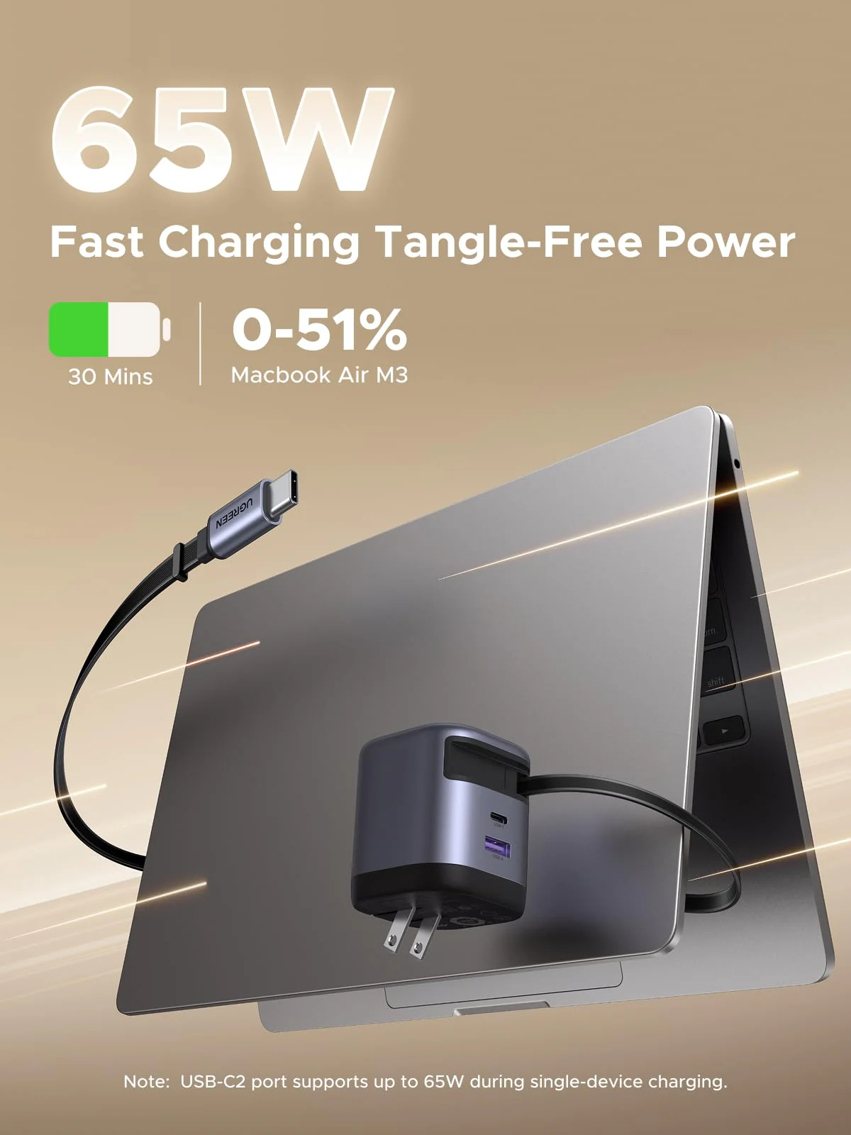 UGREEN Nexode 65W Charger with Retractable USB-C Cable - Image 3