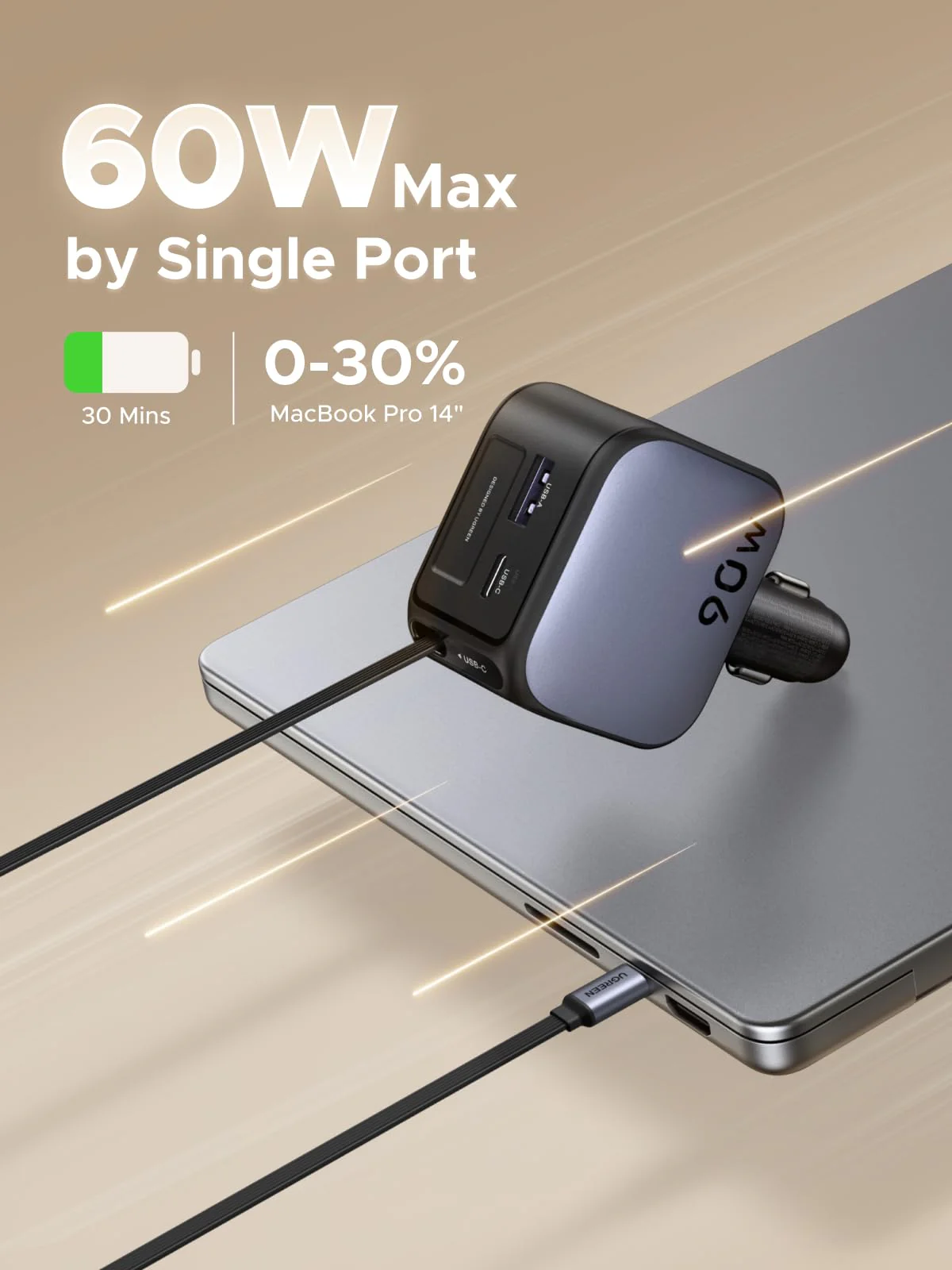 UGREEN Nexode Car Charger 90W with Retractable USB-C Cable - Image 3