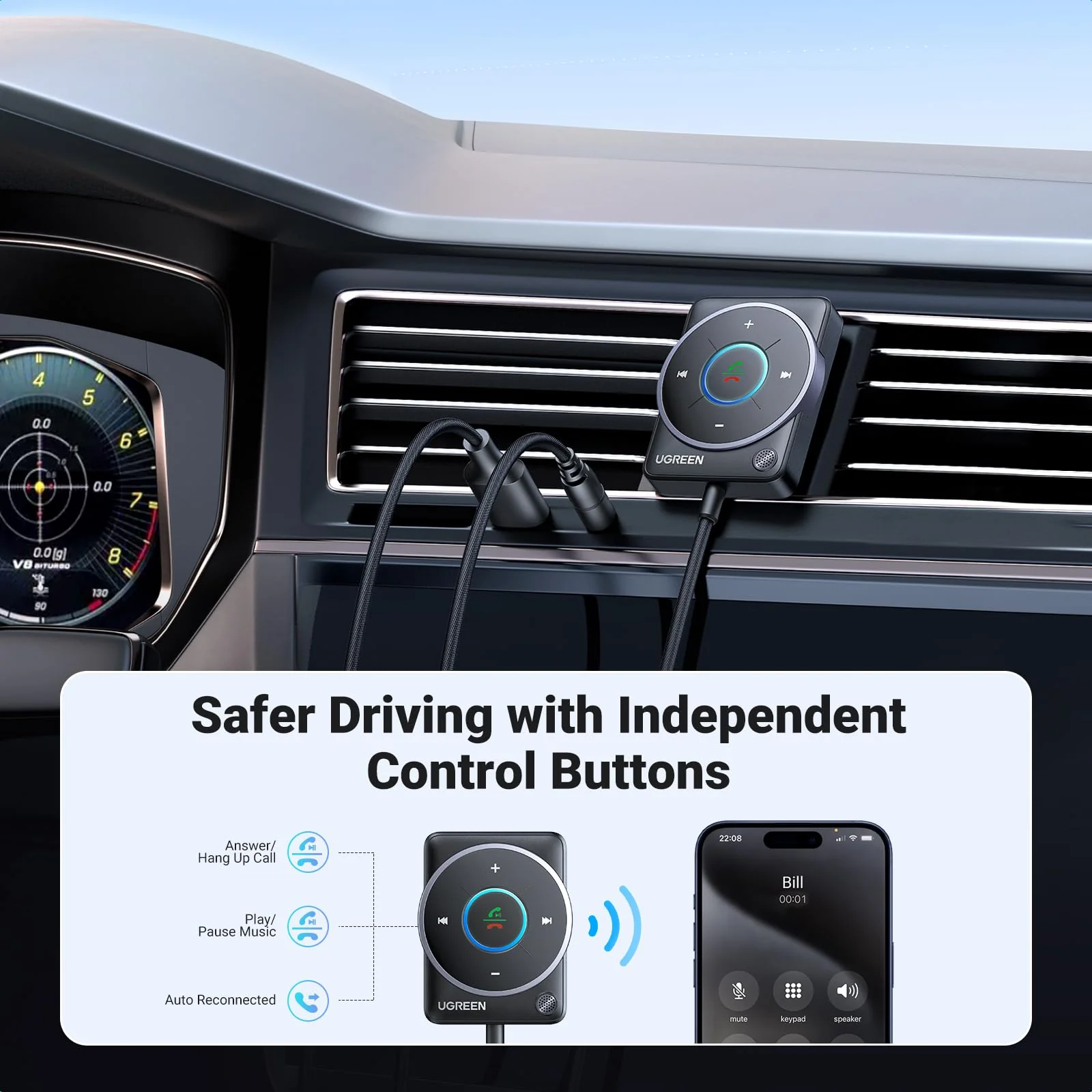UGREEN Aux Bluetooth 5.4 Adapter For Car (2024 Latest) - Image 3