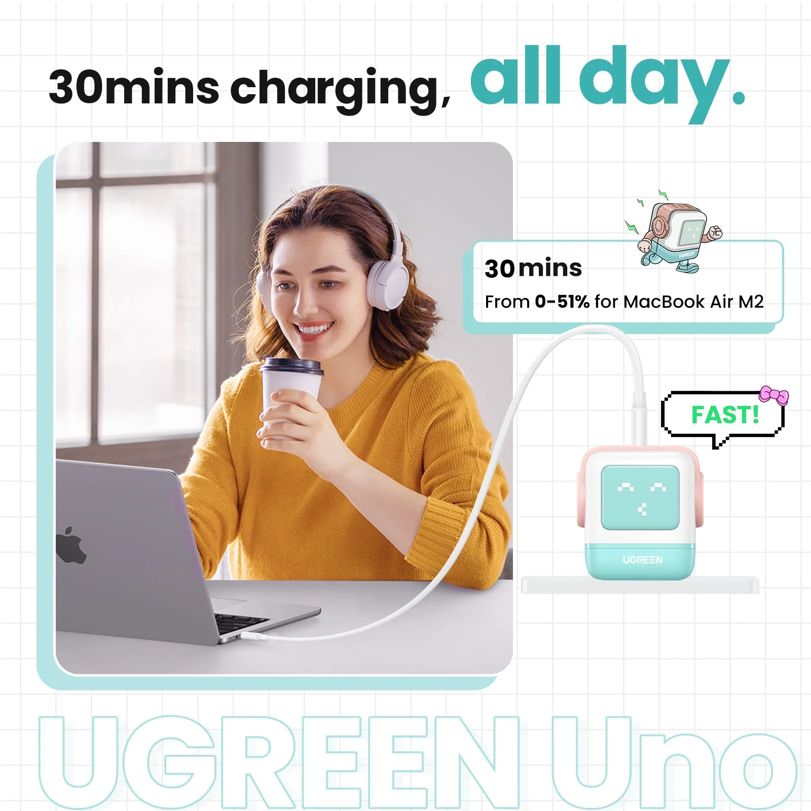 UGREEN Uno Charger 65W  (Cyan) - Image 4