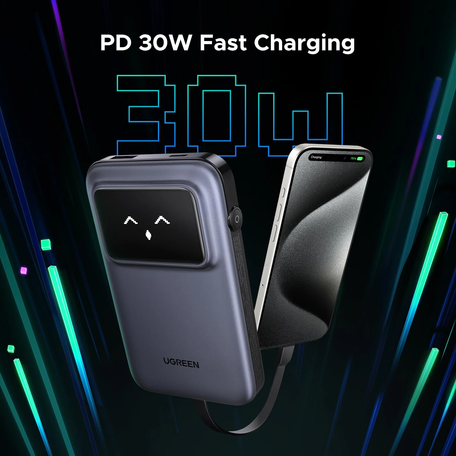 UGREEN Uno Power Bank 10000mAh 30W with Built-in Cable - Image 3