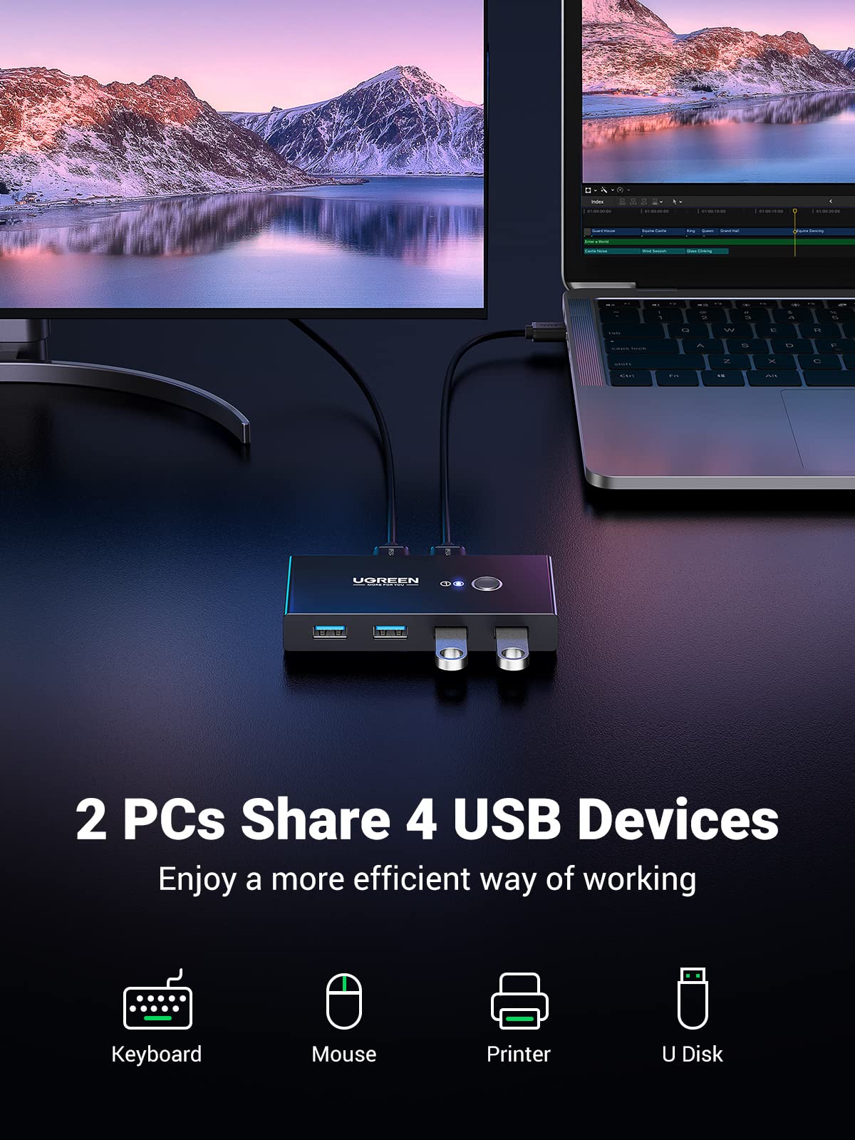 UGREEN USB 3.0 4-Port Switch With 2 Pack USB Male Cable - Image 6