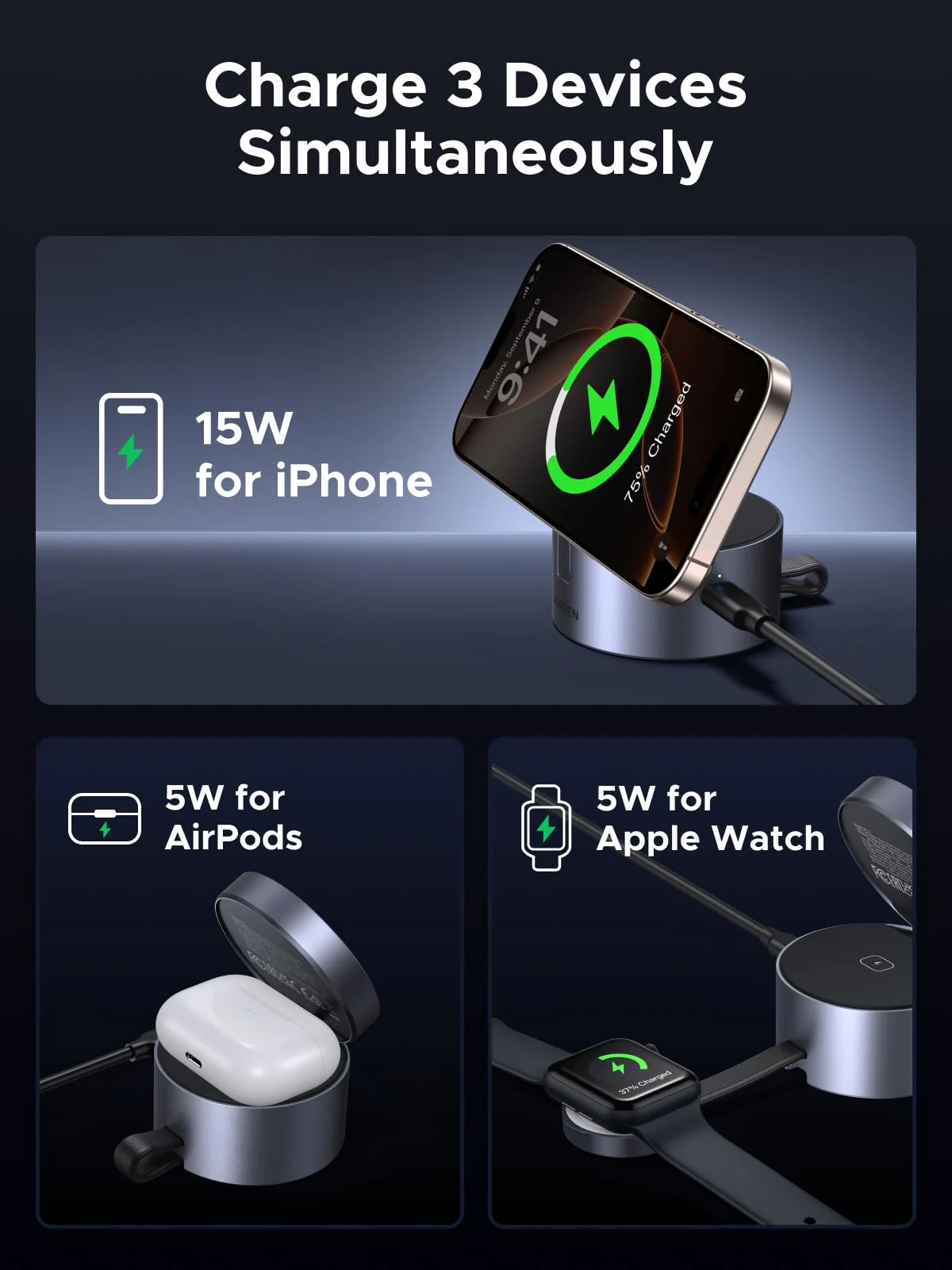 UGREEN UNO 3-in-1 Magnetic Wireless Charger 25W (MagSafe compatible) - Image 3