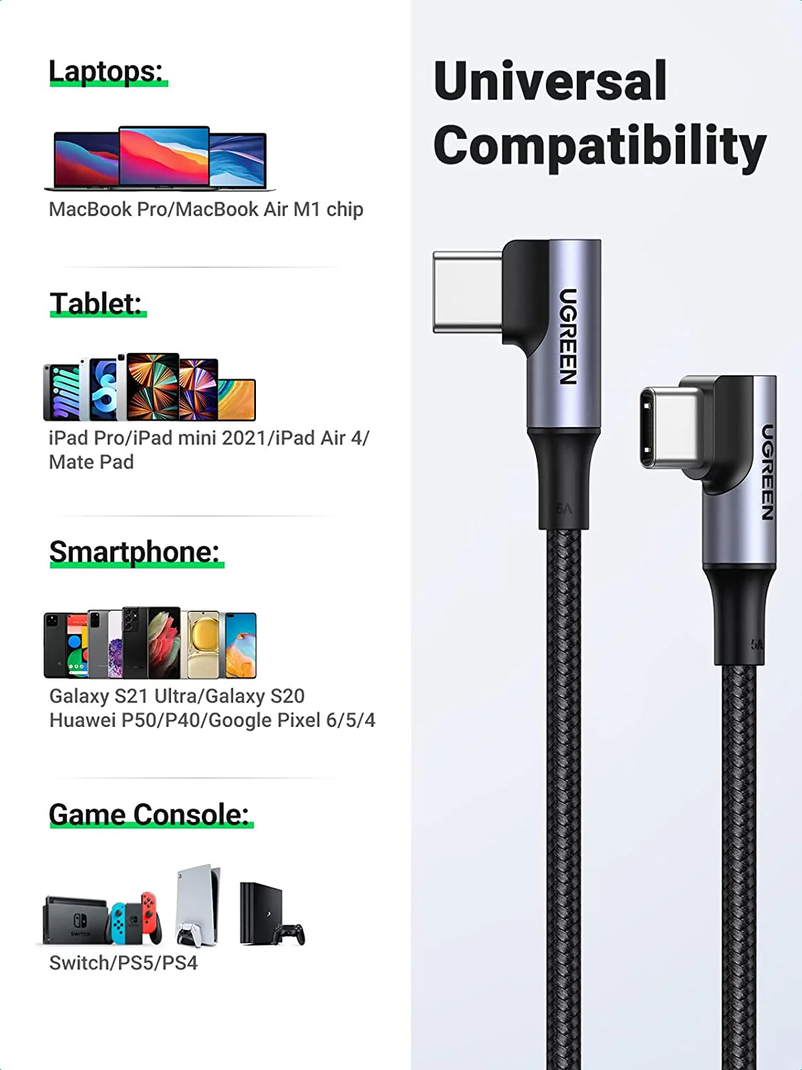 UGREEN USB-C Cable (100W, 90 Degree) - Image 5